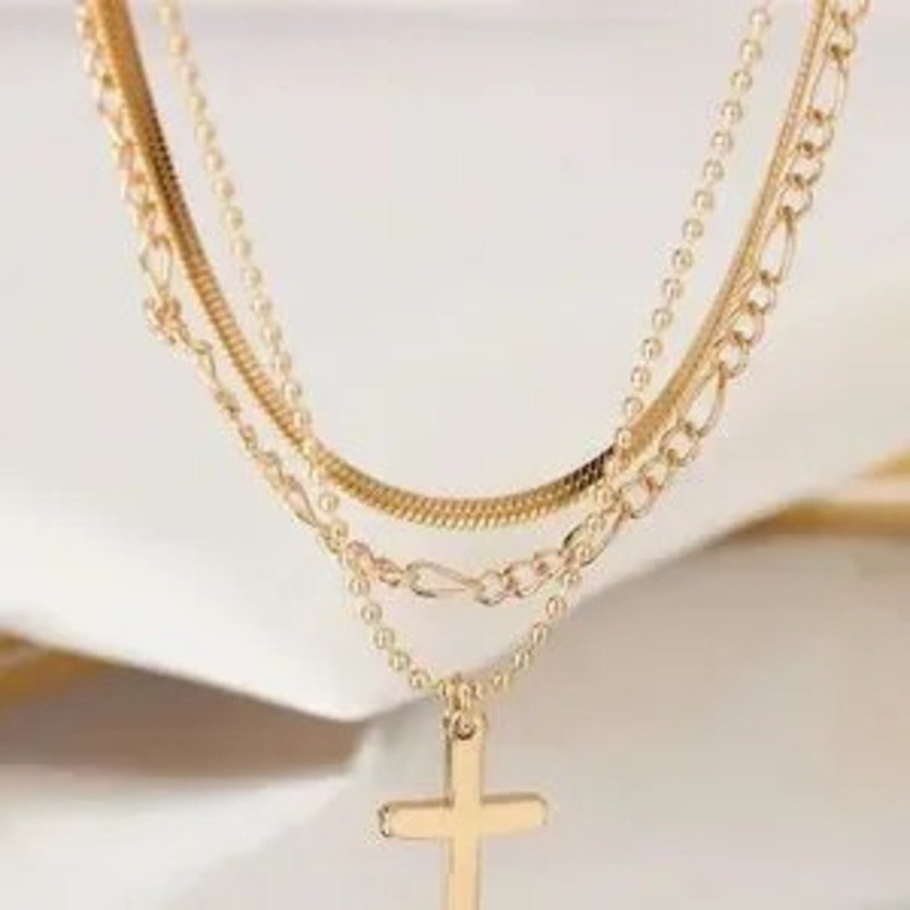 Gold Plated Stainless Steel 3pc Cross Herringbone Necklace Set - Picture 2 of 4